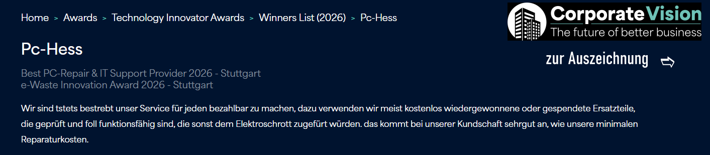 Auszeichnungen als Bester Anbieter für PC-Reparatur und IT-Support 2026 – Stuttgart